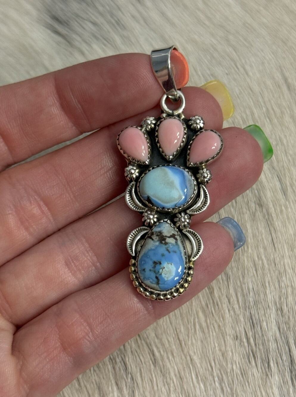 Sterling Silver Golden Hills Turquoise Pink Conch Cluster Pendant Multi-stone